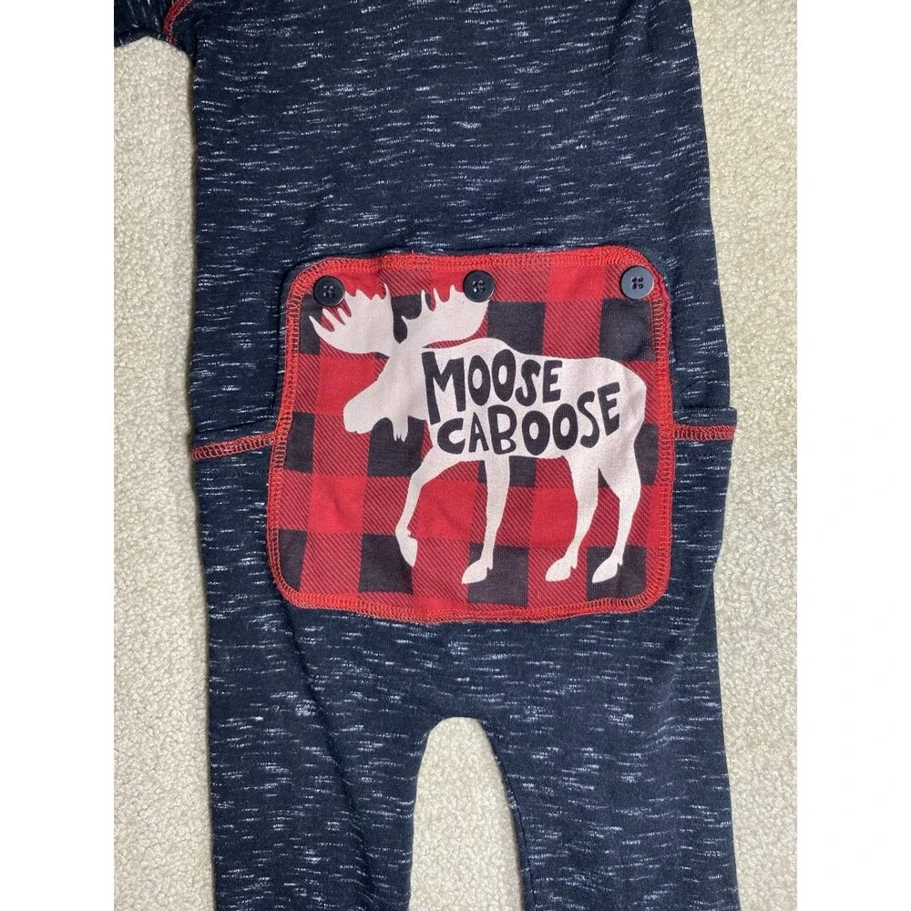 Lazy One Moose Caboose Faux Flap Pajamas 3T Blue Red Plaid Union Suit One Piece